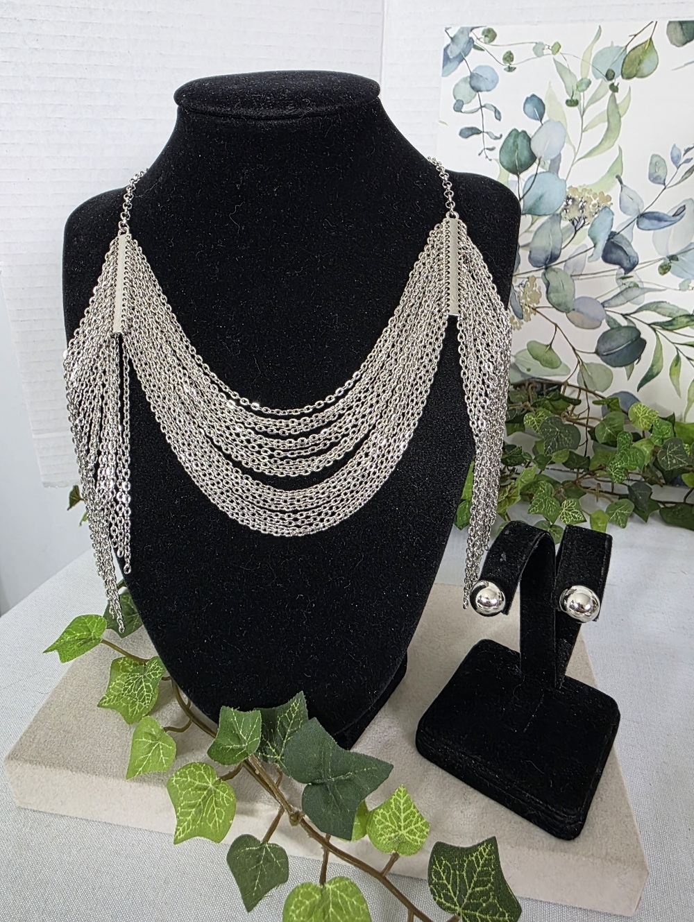Multi-Strand Silver Chain Drape Statement Necklace & Stud Earrings Set